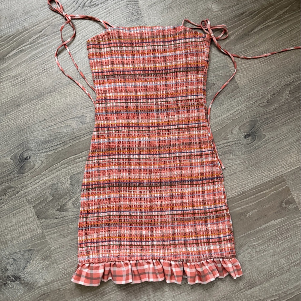 Smocked Mini Dress with Tie Straps in Peach Plaid
